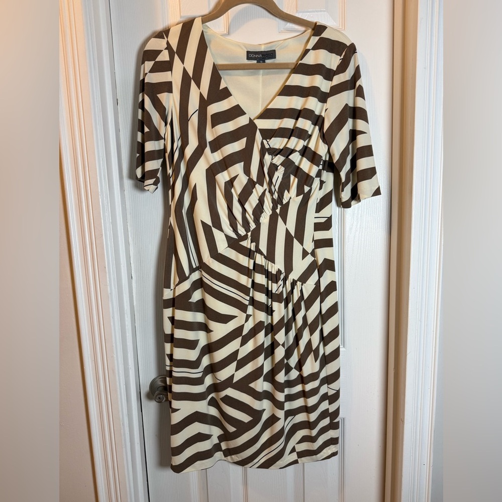 Office Siren Donna Ricco Brn & Cream Sheath Dress Pull On Abstract Geometric